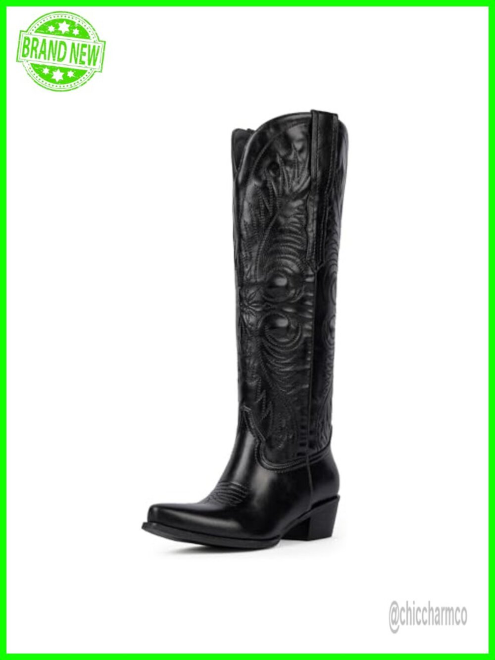 Embroidered Knee High Western Cowboy Boots Faux Leather Block Heel